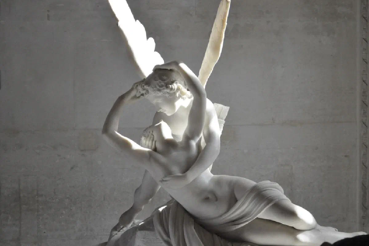 Detailed view of Antonio Canova's famous marble sculpture Psyche Revived by Cupid's Kiss.