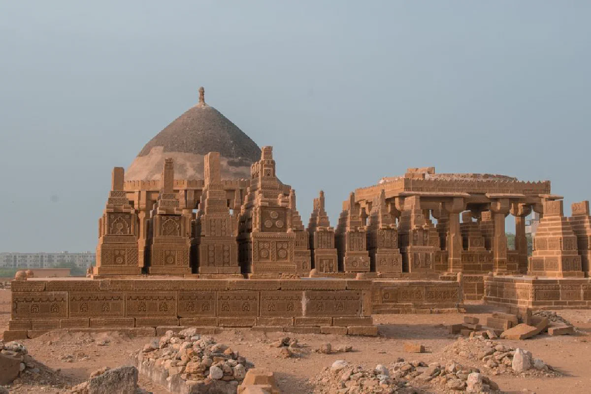 Picturesque view of famous medieval Chaukhandi tombs with pyramid shaped constructions located in Sindh province of Pakistan on sunny day