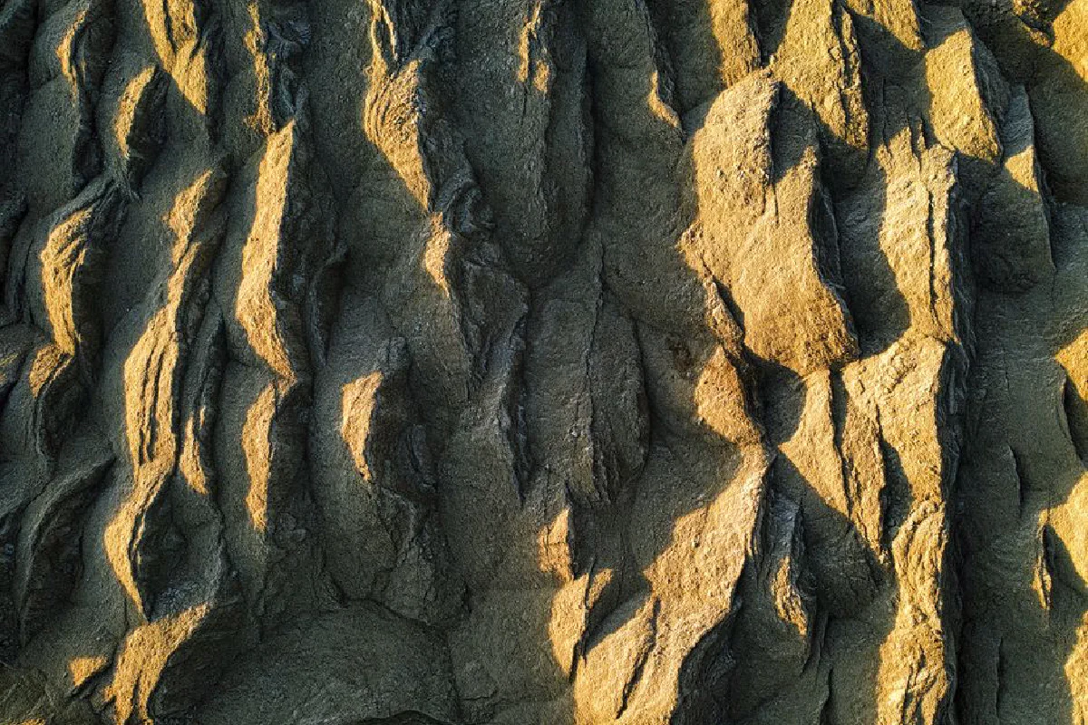 Close-up of textured dry earth surface with sunlight casting shadows, Rochester.