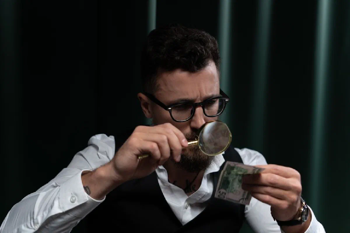 Focused adult inspecting a banknote closely with a magnifying glass indoors.