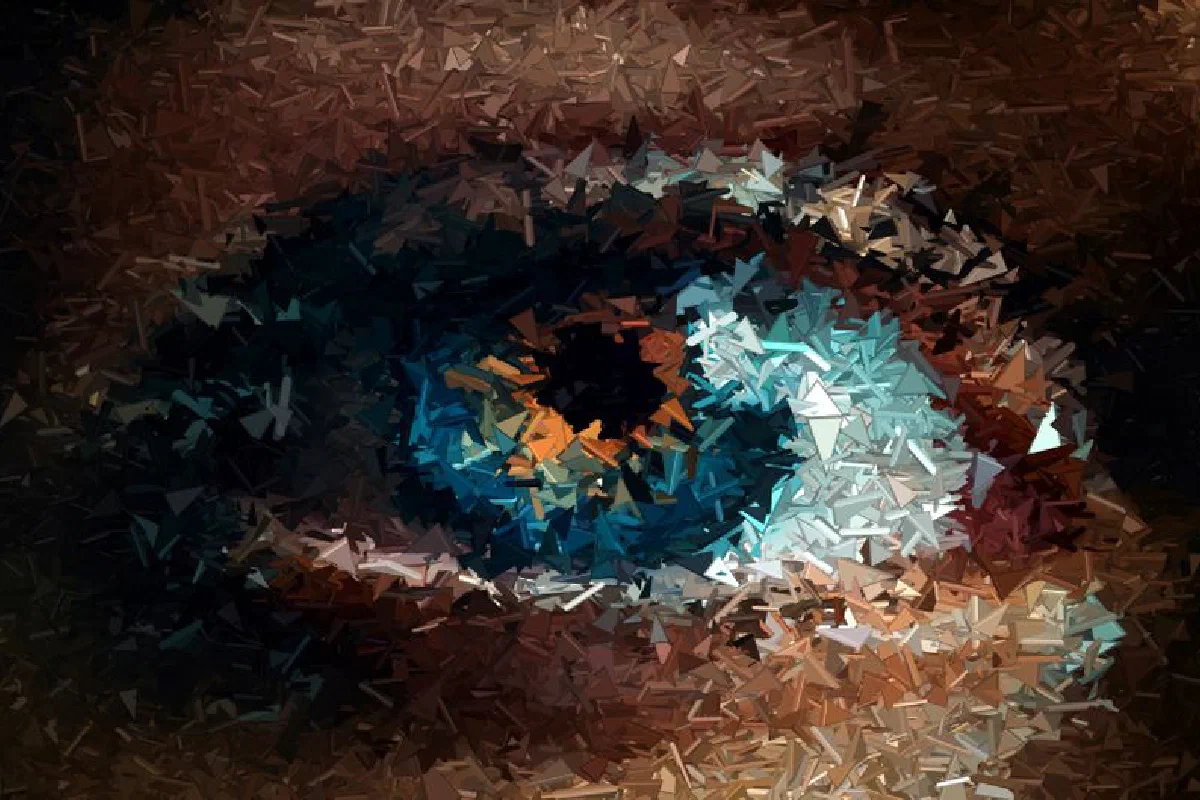 Vibrant abstract artwork depicting a mosaic-style eye in blues and oranges, rich in texture.