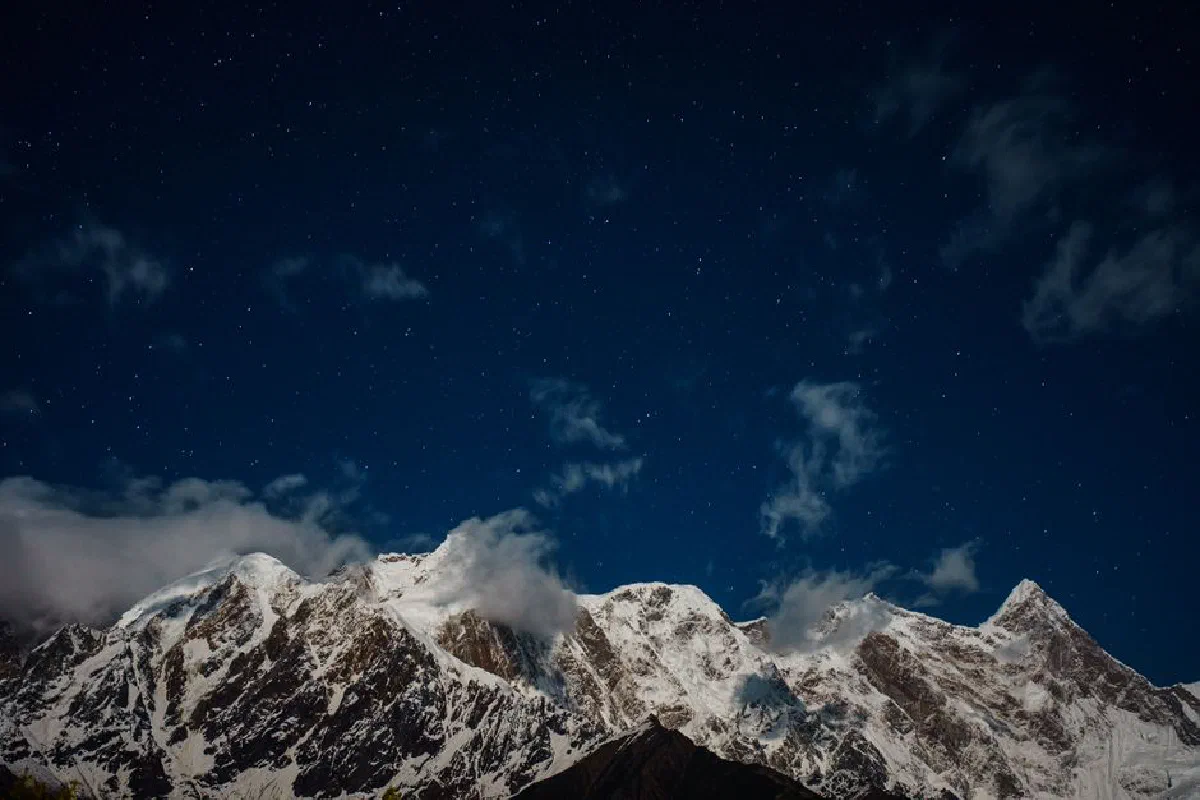A stunning view of a snowy mountain range beneath a starlit sky, capturing nature's beauty.