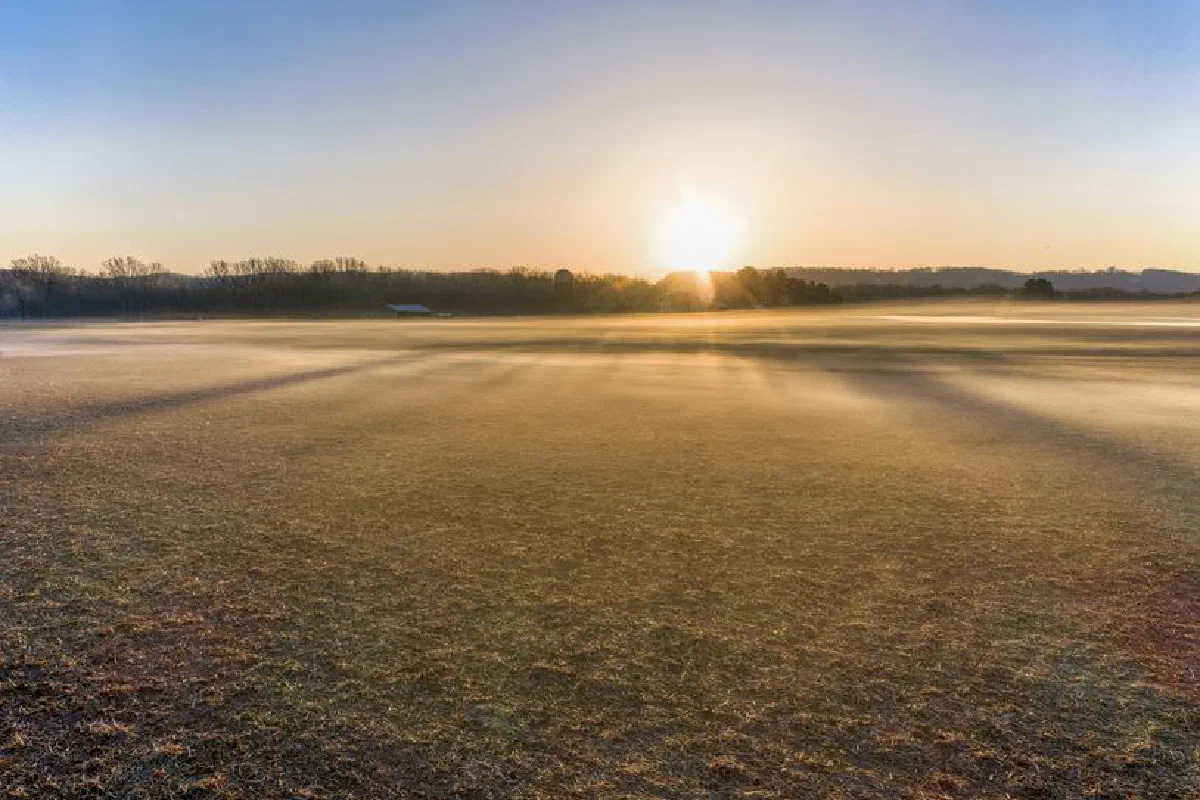 Beautiful foggy sunrise landscape in West Newton, Minnesota, USA, capturing autumn fields.