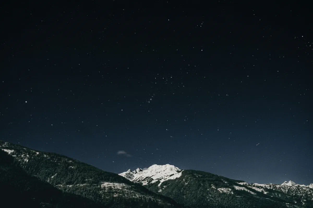 Captivating view of a starlit sky over snow-covered mountains, perfect for nature lovers and night photography enthusiasts.