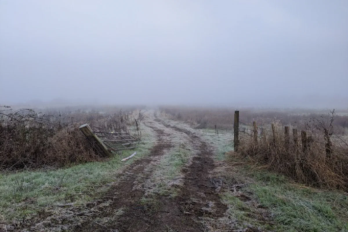 Foggy rural landscape with dirt path and fences in Halling, United Kingdom.