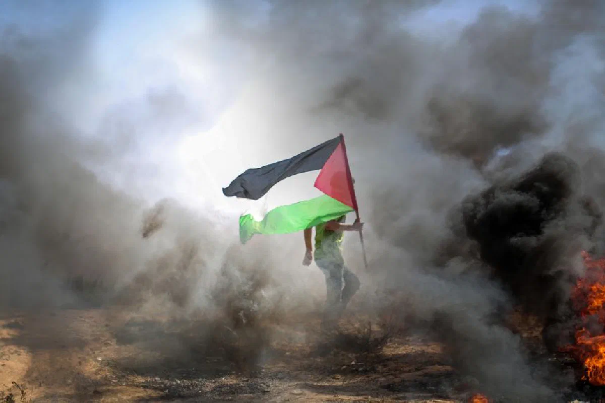 A protestor carrying a Palestinian flag amidst smoke and flames in Gaza.