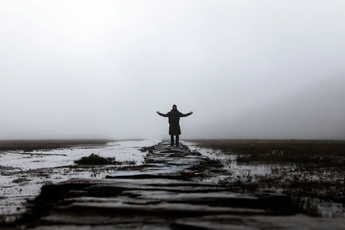 A solitary figure stands on a misty stone pathway in a rural area surrounded by fog.