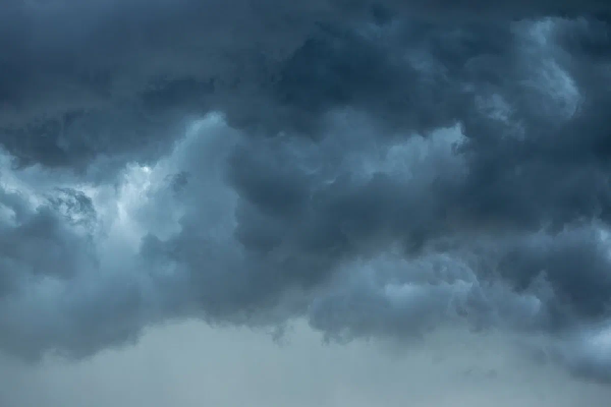 Moody storm clouds gather over Campbelltown in New South Wales, Australia, casting a dramatic atmosphere.