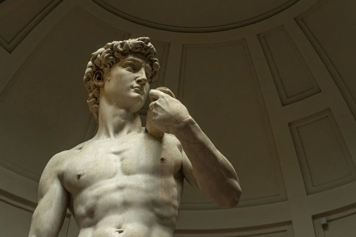 Photograph of Michelangelo's David statue in Florence's Galleria dell'Accademia.