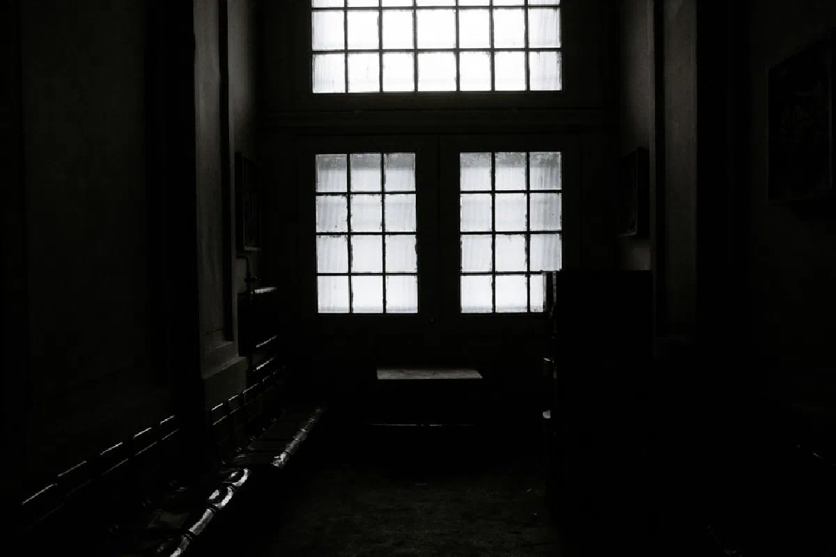 A dimly lit interior hallway featuring tall frosted glass doors creating a moody atmosphere.