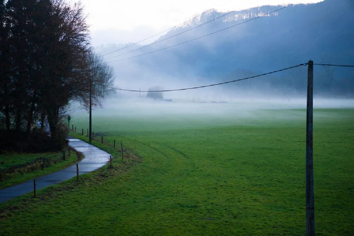 A serene misty morning view of a green field in Rendeux, Belgium.
