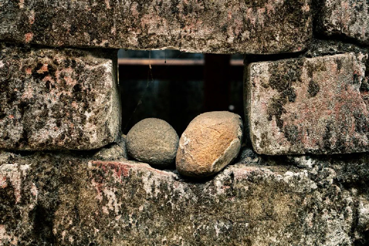 Close-up of a textured stone wall with aged bricks and natural patterns.