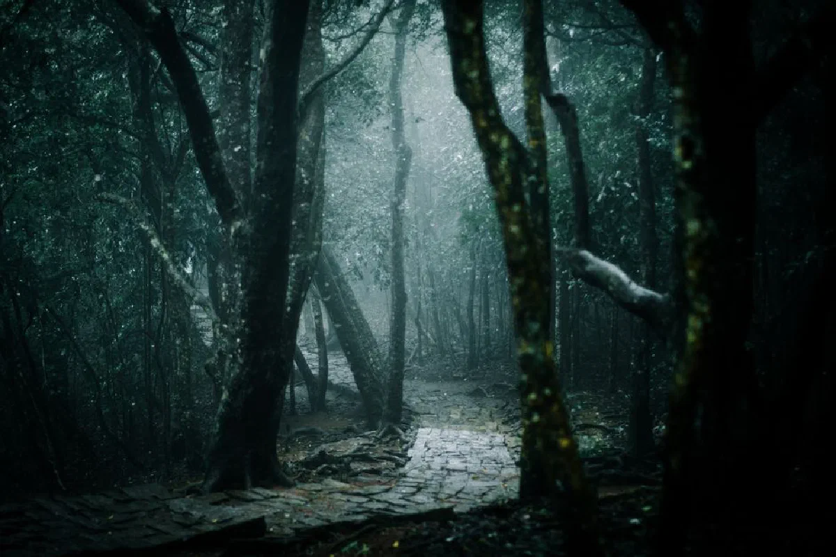Foggy forest pathway with dense trees, creating a mystical and serene atmosphere.