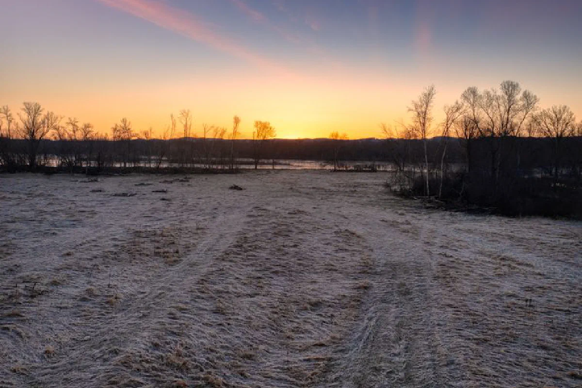 A beautifully frosty field at sunrise in Ella, Wisconsin, USA, showcasing a serene winter landscape.