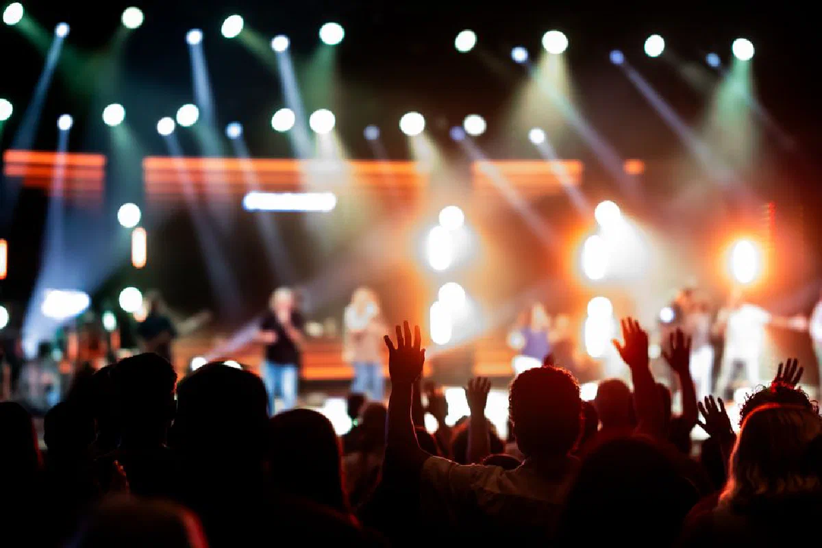 Energetic crowd enjoying a live concert with colorful stage lights.