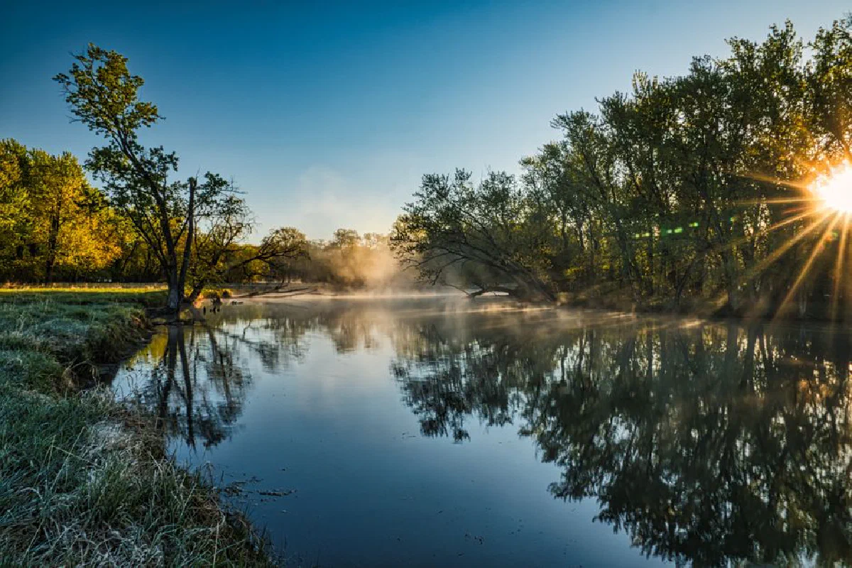 Serene sunrise over a foggy river with trees reflecting on the water in Minnesota.