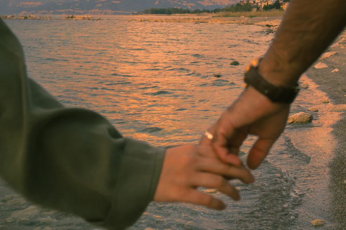 A couple holding hands by the sea during a beautiful sunset moment.