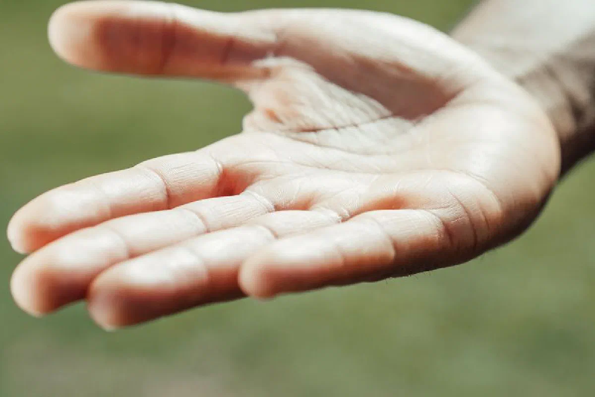 Close-up of an open hand with outstretched palm against a blurred green background