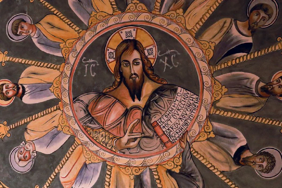 A detailed fresco depicting Jesus Christ surrounded by saints in a circular arrangement.