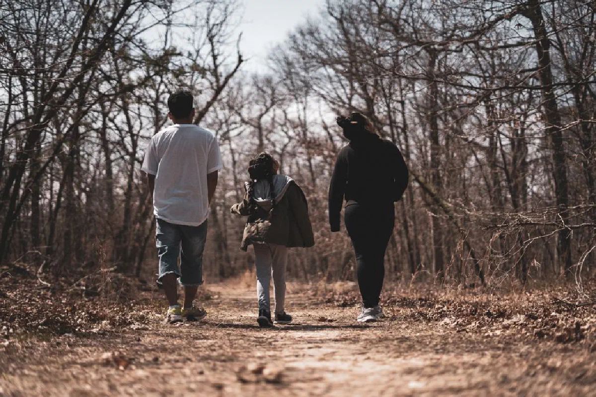 Back view of anonymous father and mother strolling with child on walkway between growing trees with dry branches in daylight in countryside