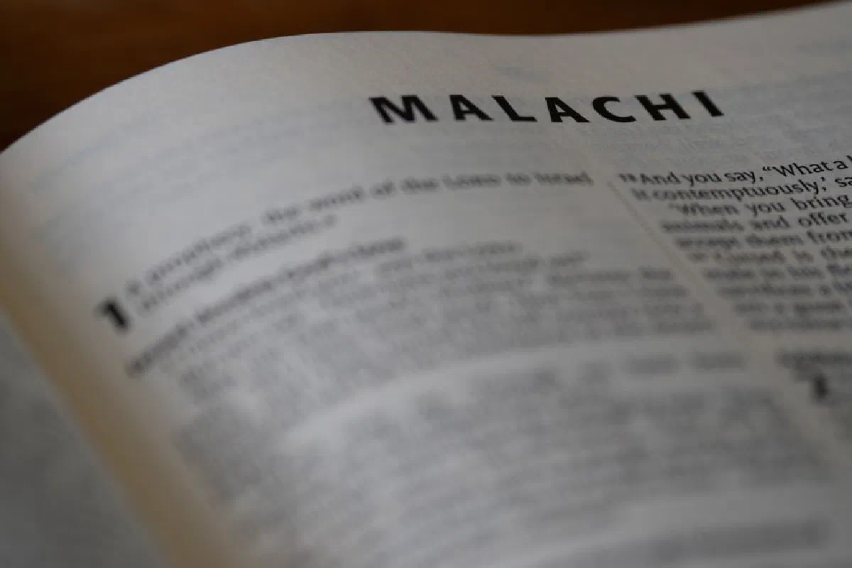 A close-up view of the Book of Malachi in an English Bible, highlighting religious texts.