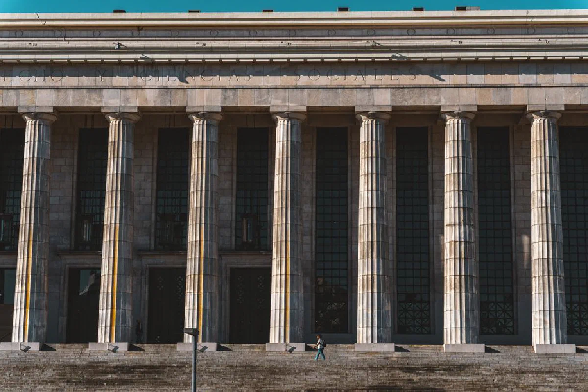 Facade of the University of Buenos Aires with neoclassical columns, Argentina.
