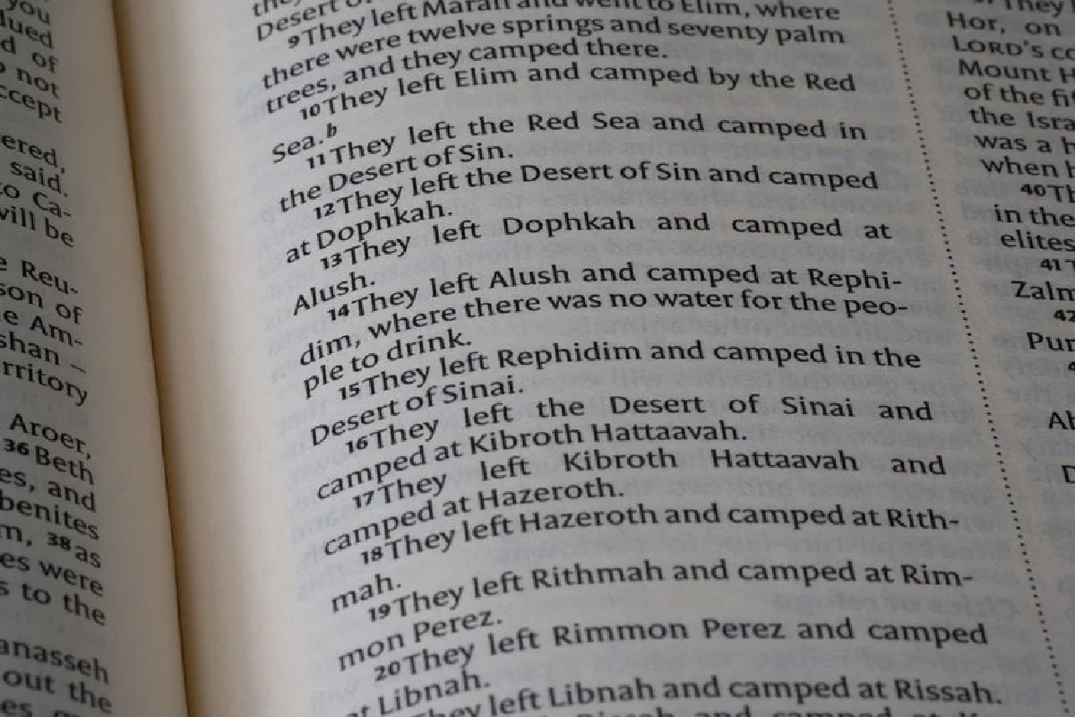 Close-up shot of scripture text in the Book of Numbers from the Bible.