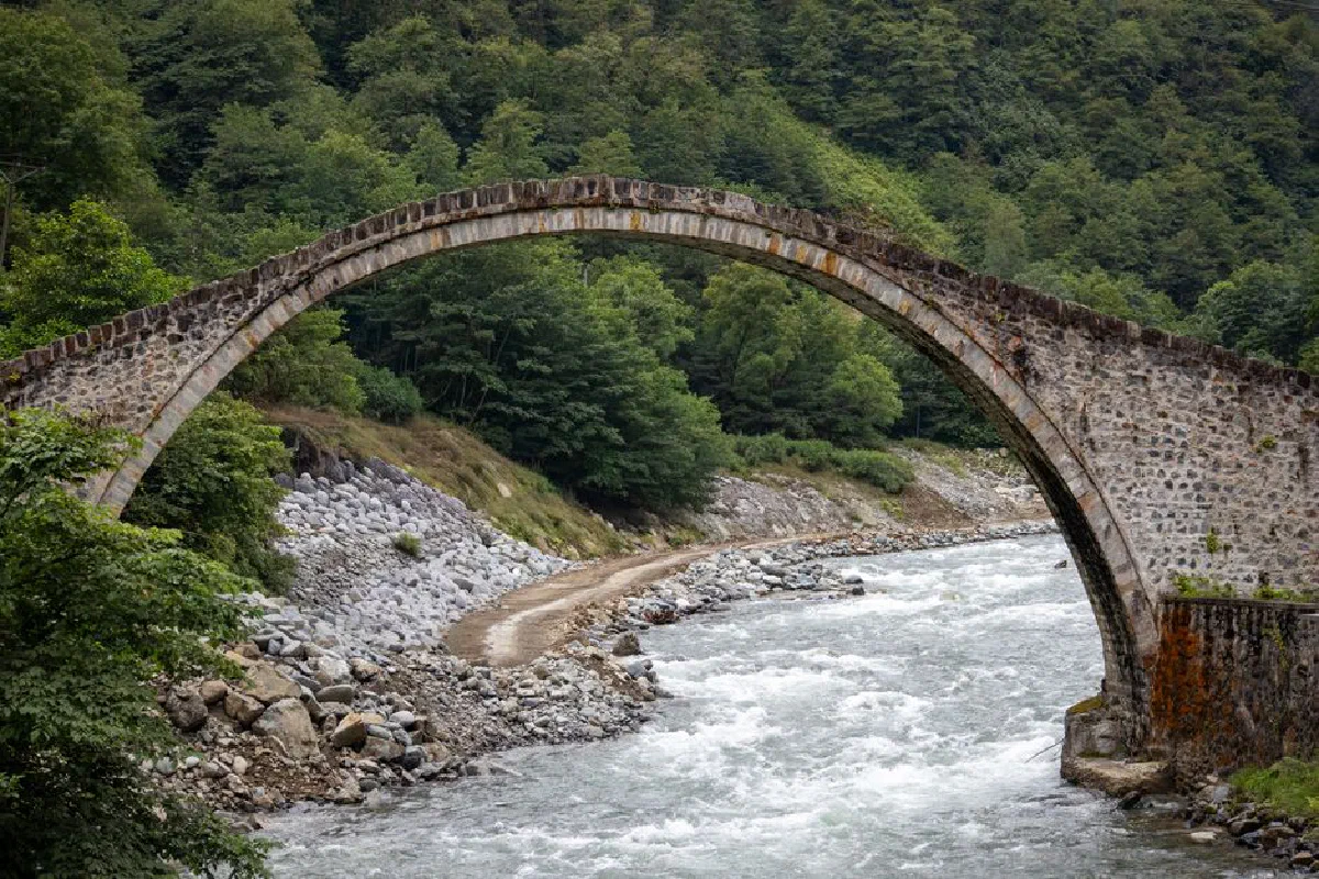 Ancient stone arch bridge crossing a flowing river surrounded by lush greenery in Rize, Türkiye.