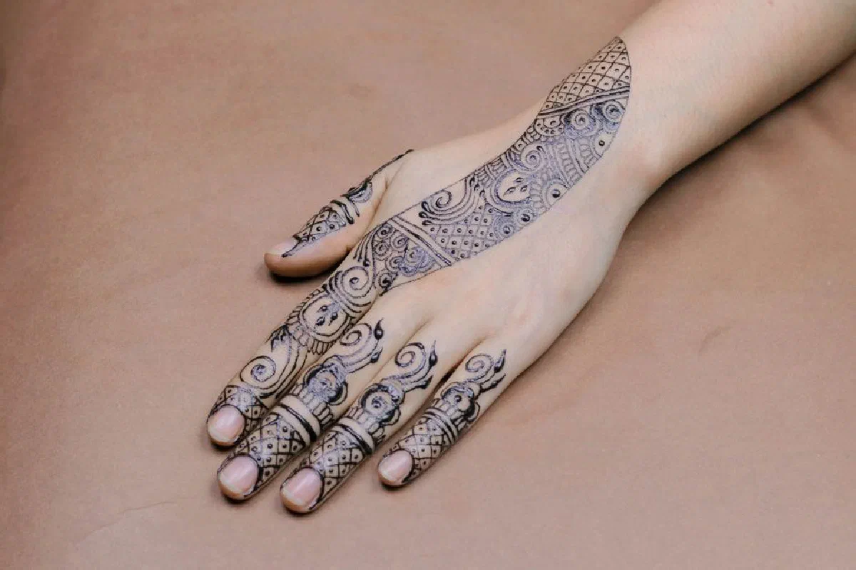 A close-up of a hand with intricate mehndi designs showcasing cultural artistry.
