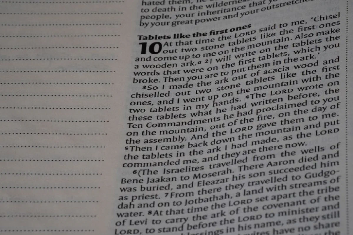 Close-up shot of a Bible page, featuring text from Deuteronomy.
