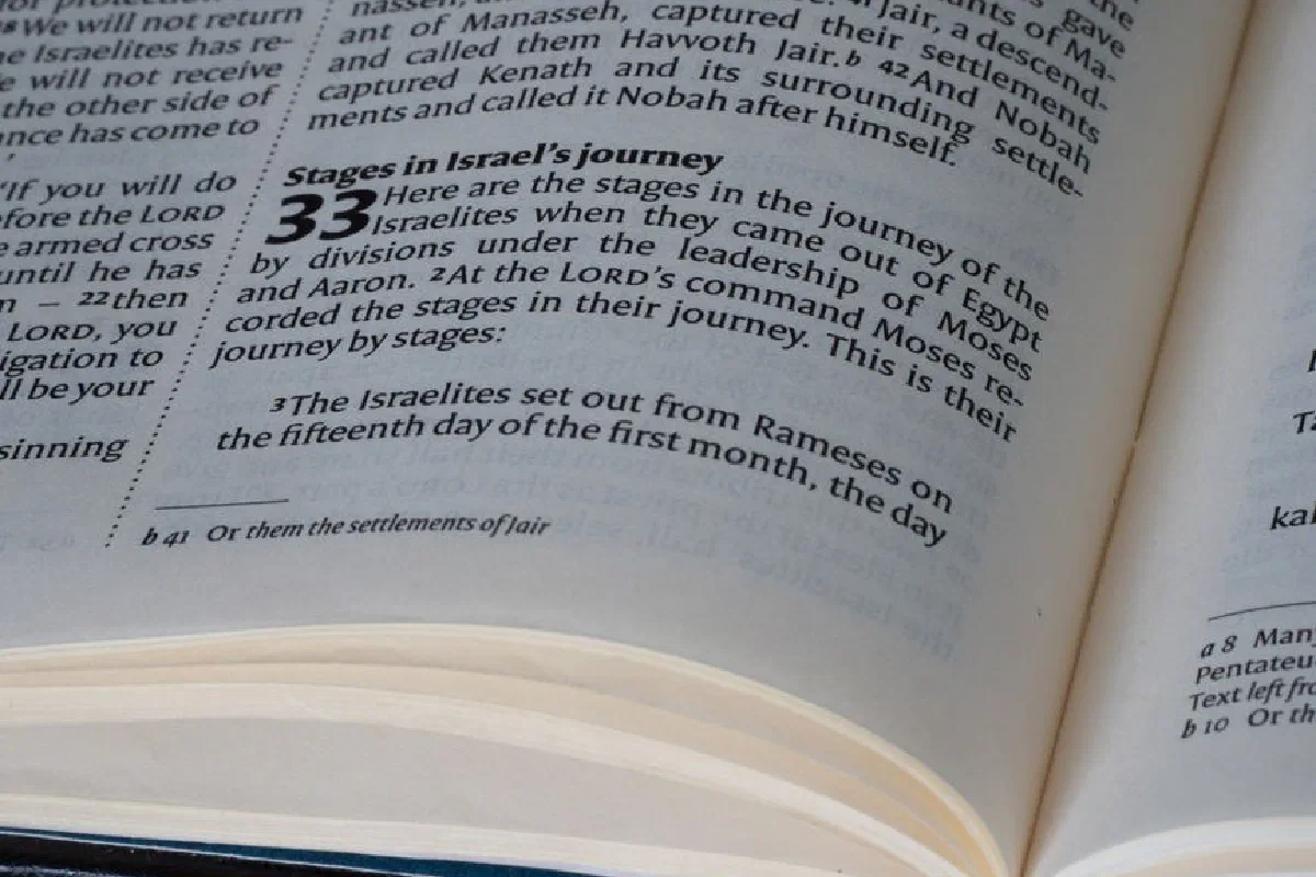 Close-up of an open Bible displaying text from the Book of Numbers.