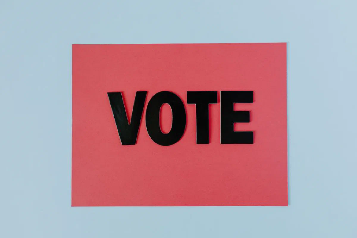 Black letters spelling 'VOTE' on red paper, emphasizing political participation.