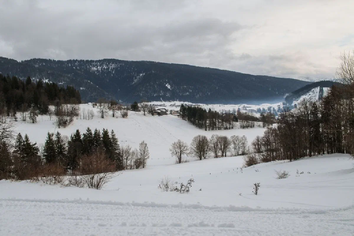 A serene winter view of the snow-covered Vercors Mountains in France.