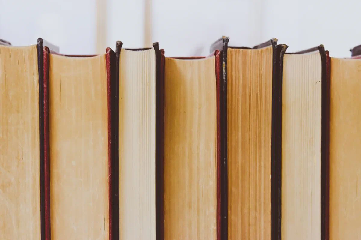 Close-up view of vintage book bindings in a library setting.
