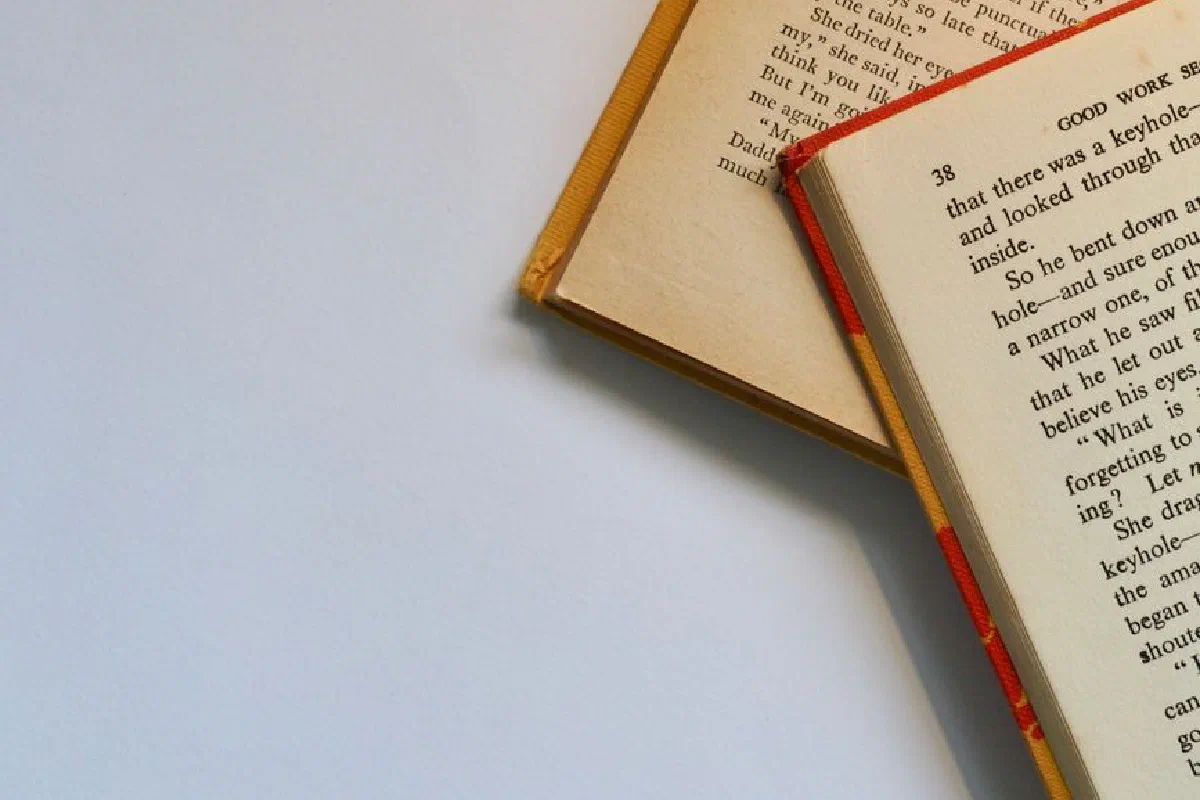 Top view of open books with visible pages and text on a clean white background.
