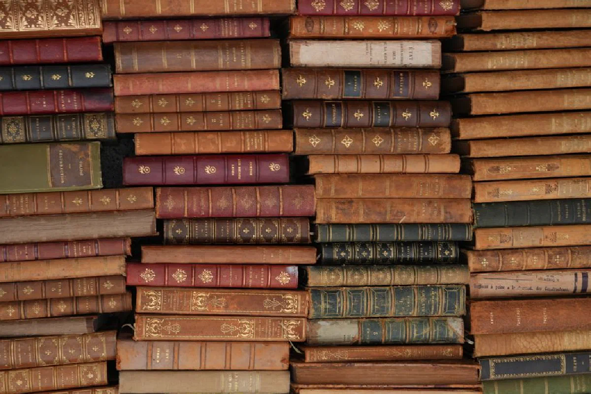 Stack of vintage leather-bound books with ornate designs, reflecting history and literature.
