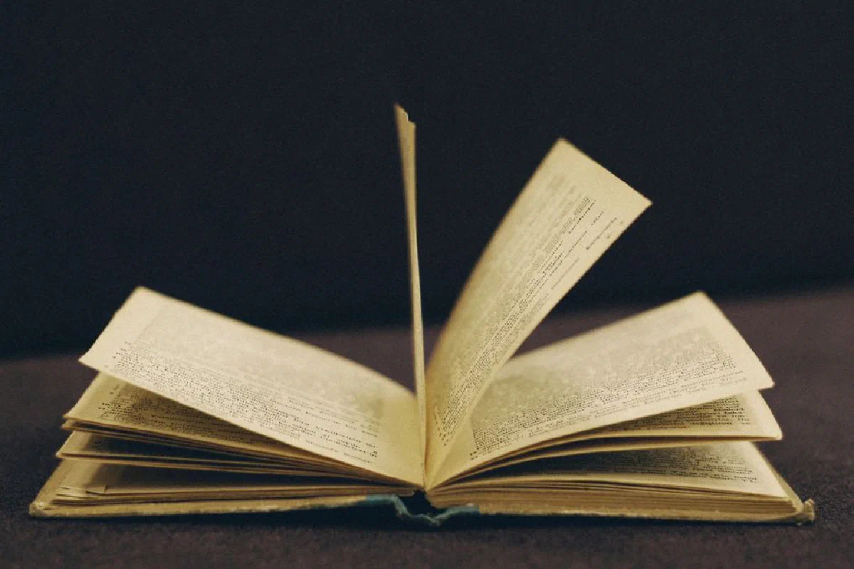 Close-up of an open vintage book with pages mid-turn, offering a nostalgic and literary feel.