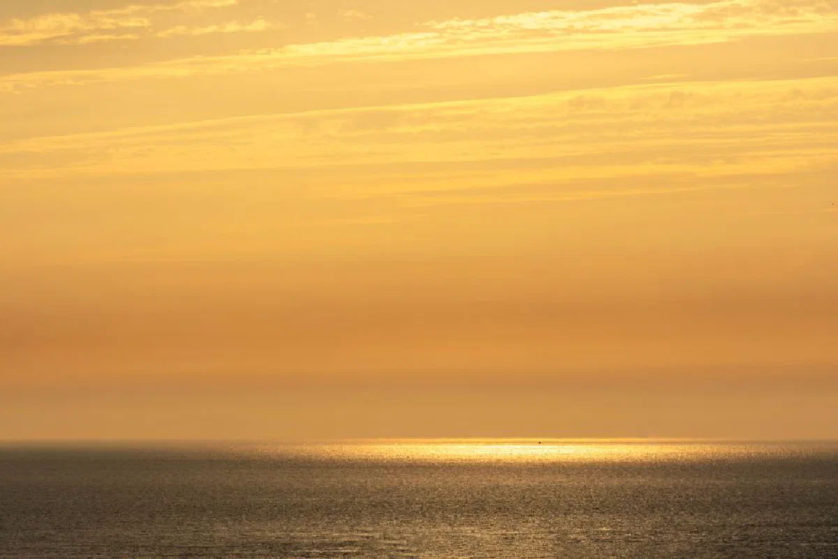 A serene view of the ocean with golden sunset hues reflecting on the water surface.