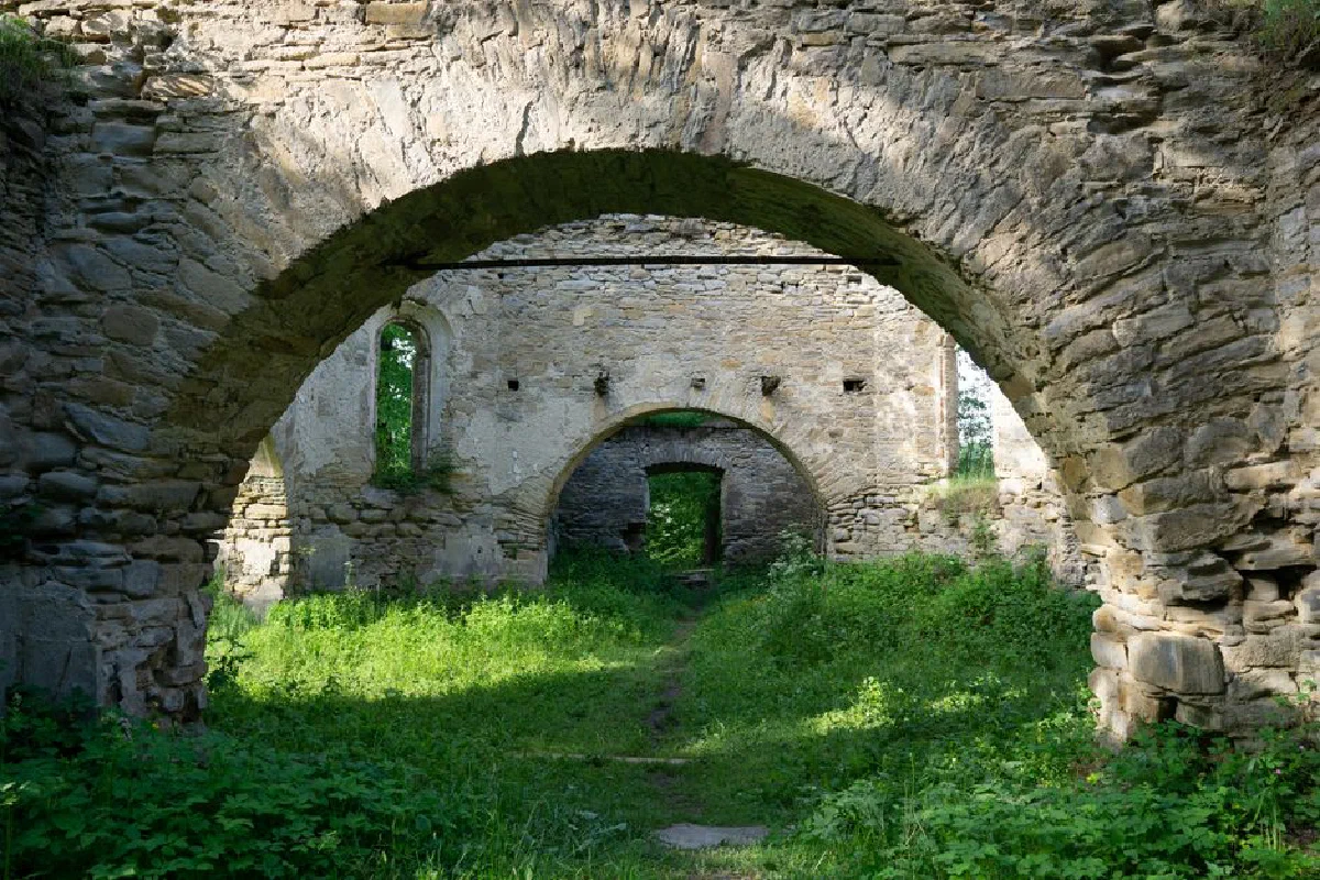 Explore the historic stone archway ruins enveloped in lush greenery. Perfect for travel and architecture enthusiasts.