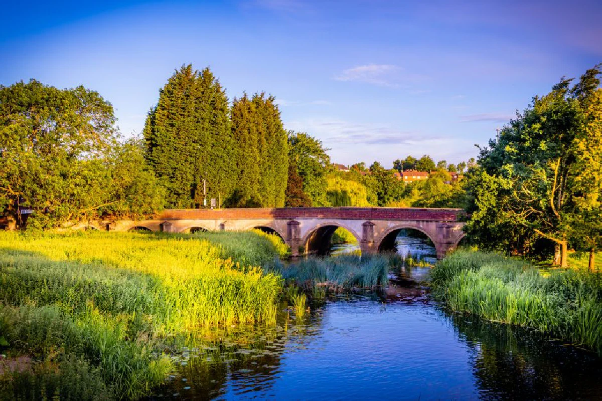 Charming stone bridge over a tranquil river surrounded by vibrant green foliage in Polesworth, England.