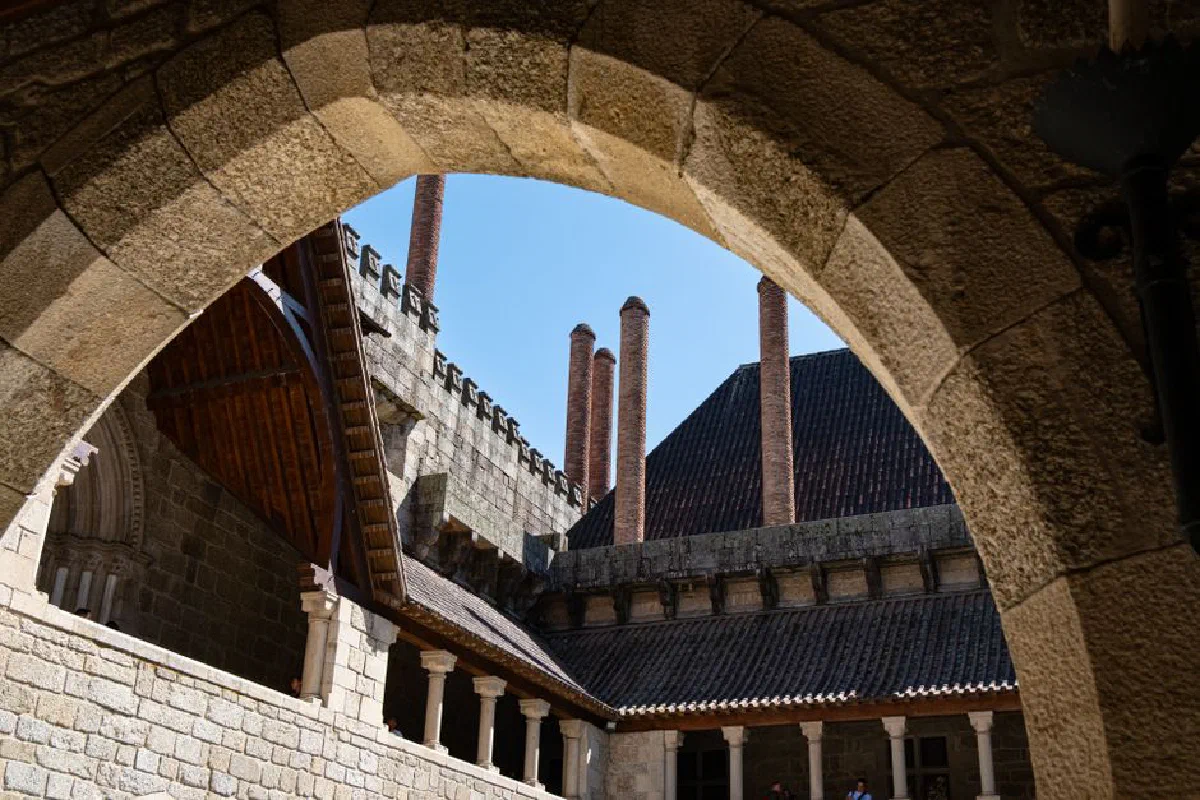 Intricate view of the medieval Palace of the Dukes of Braganza in Guimaraes, Portugal.