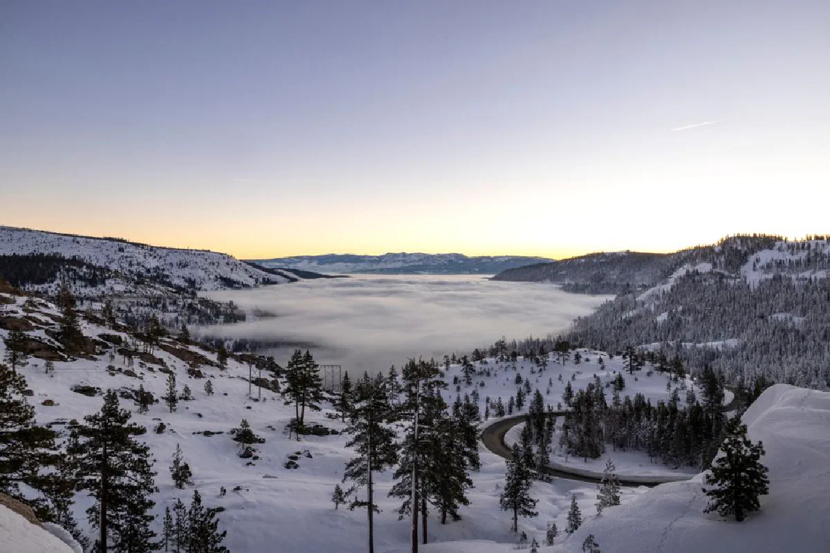 Breathtaking view of snow-covered mountains and forest at dawn, with a serene fog over the valley.