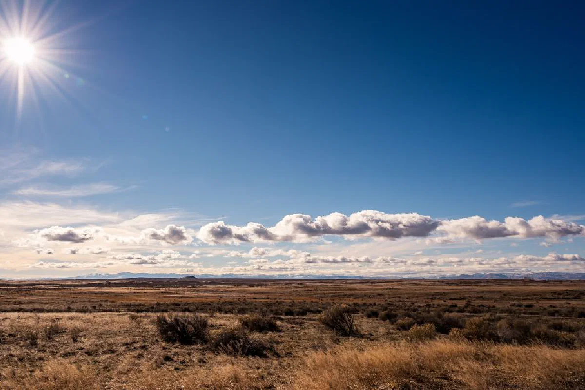 Expansive landscape with clear blue skies and sunlit open field for scenic beauty.
