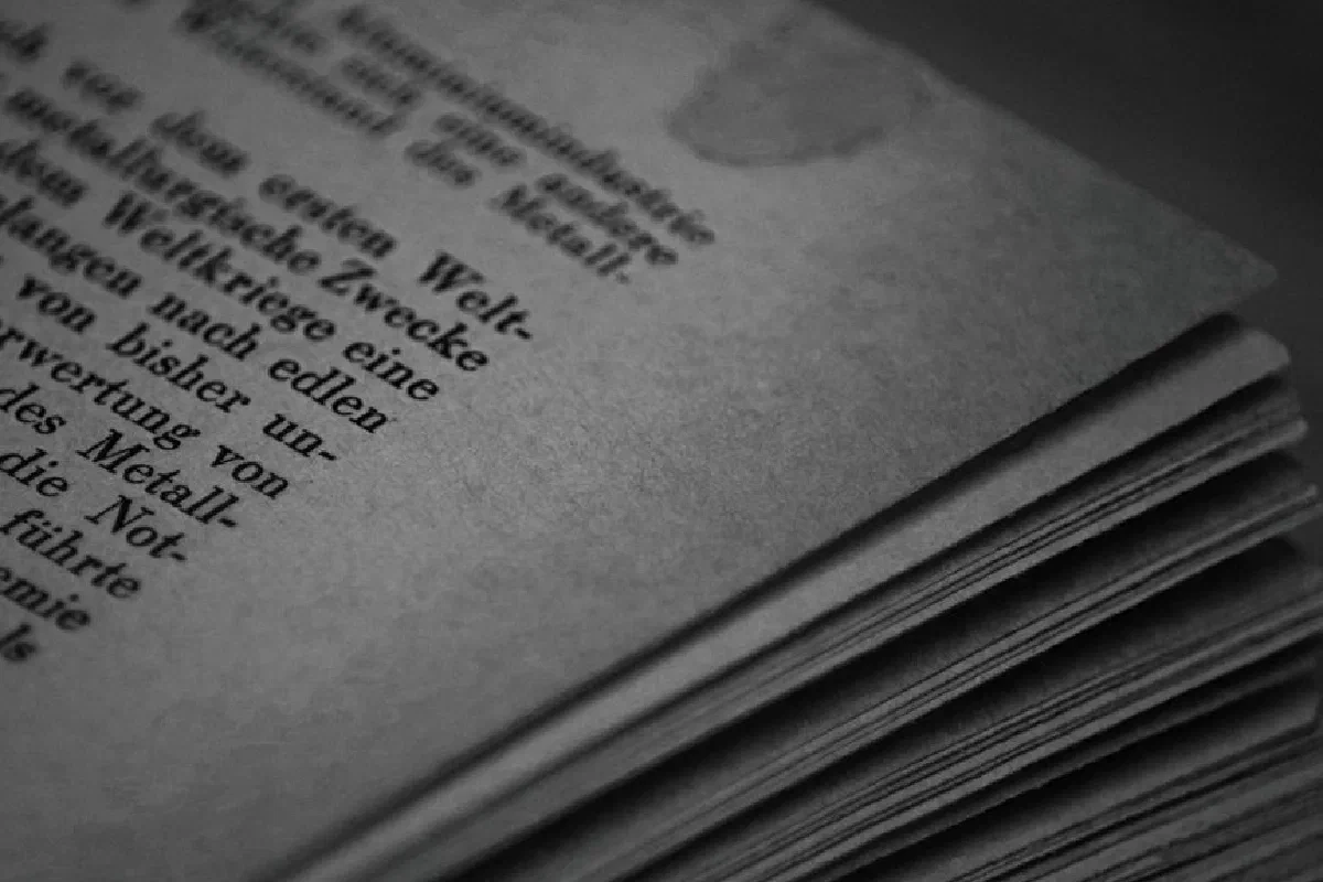 Monochrome close-up of book pages with German text, showcasing texture and typography.