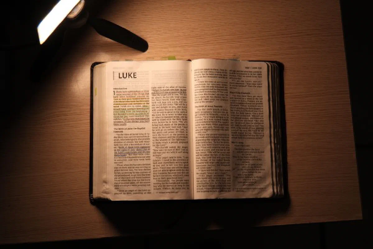 An open Bible under a warm lamp light, perfect for religious and study themes.
