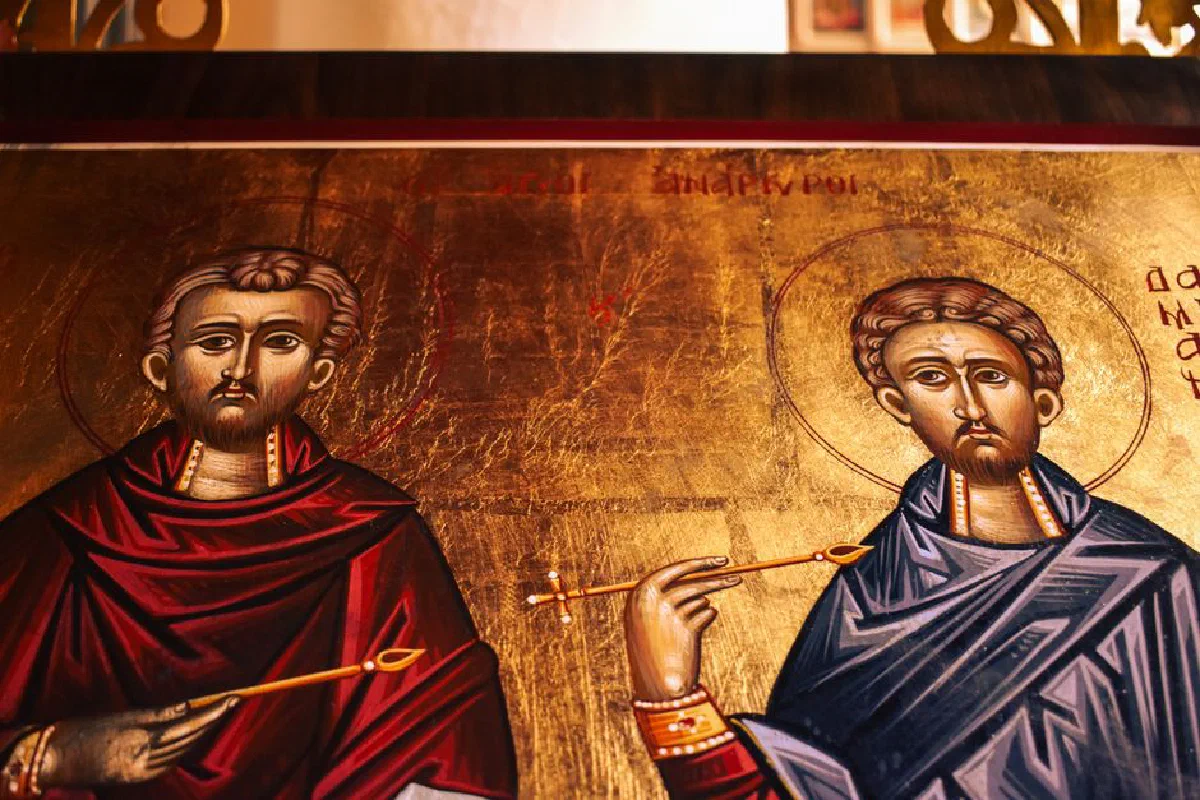 Beautiful traditional Orthodox icons depicting saints in a church setting.