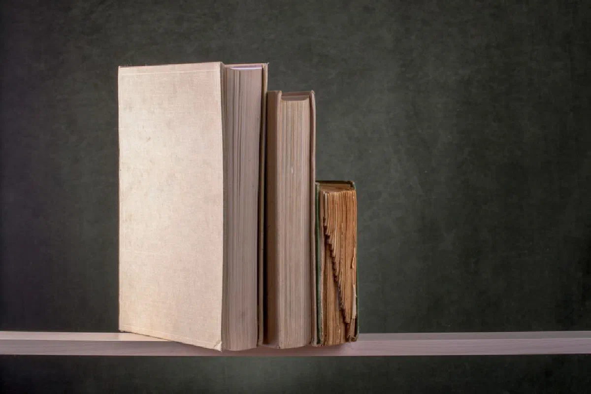 Three aged books standing on a wooden shelf against dark background, evoking a vintage feel.