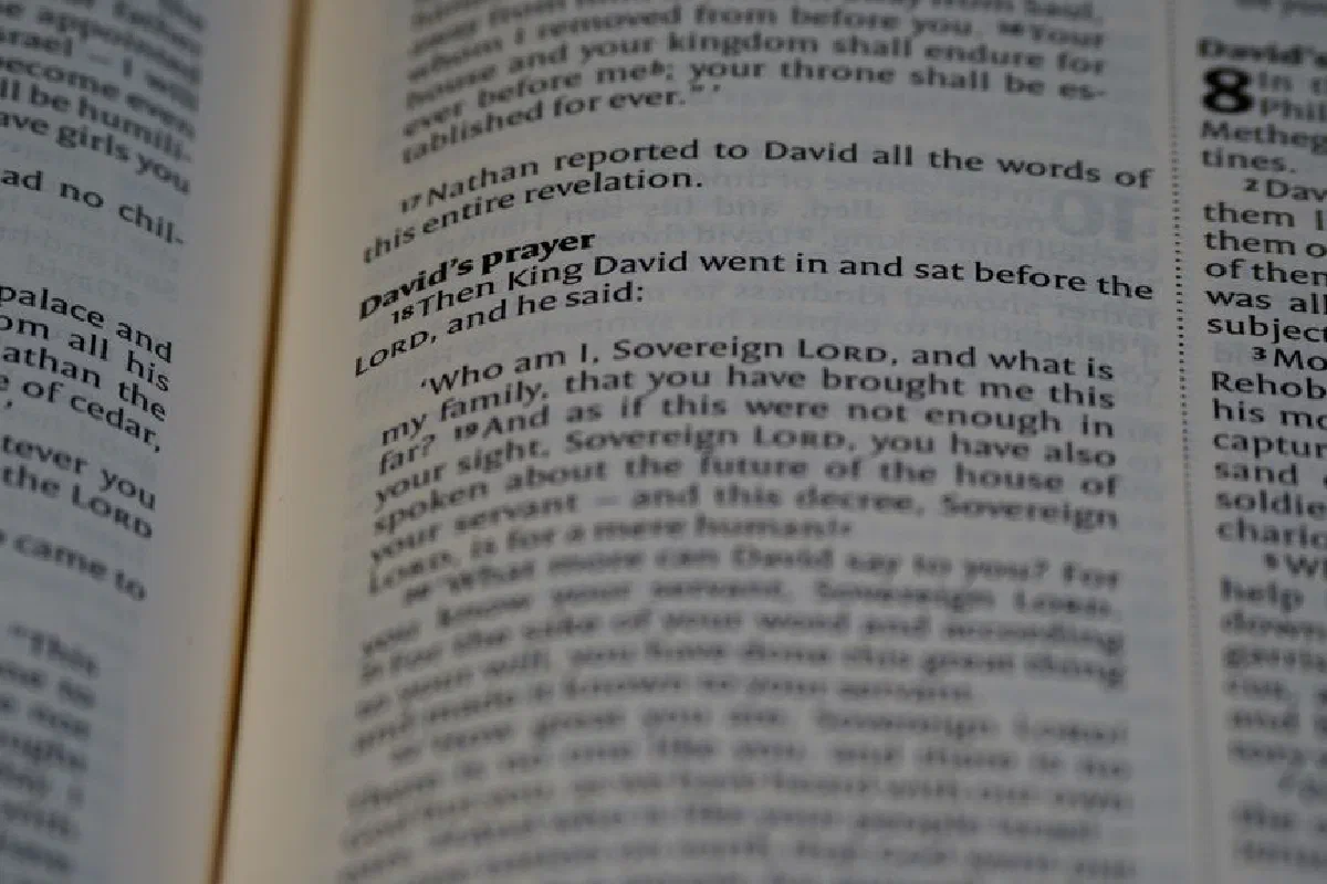 Close-up of an open Bible featuring text from the Old Testament, focusing on David's prayer.