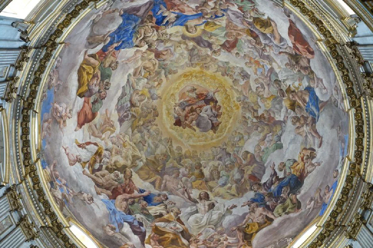 Intricate fresco depicting divine figures on a cathedral dome ceiling. Baroque artistry in vivid colors.