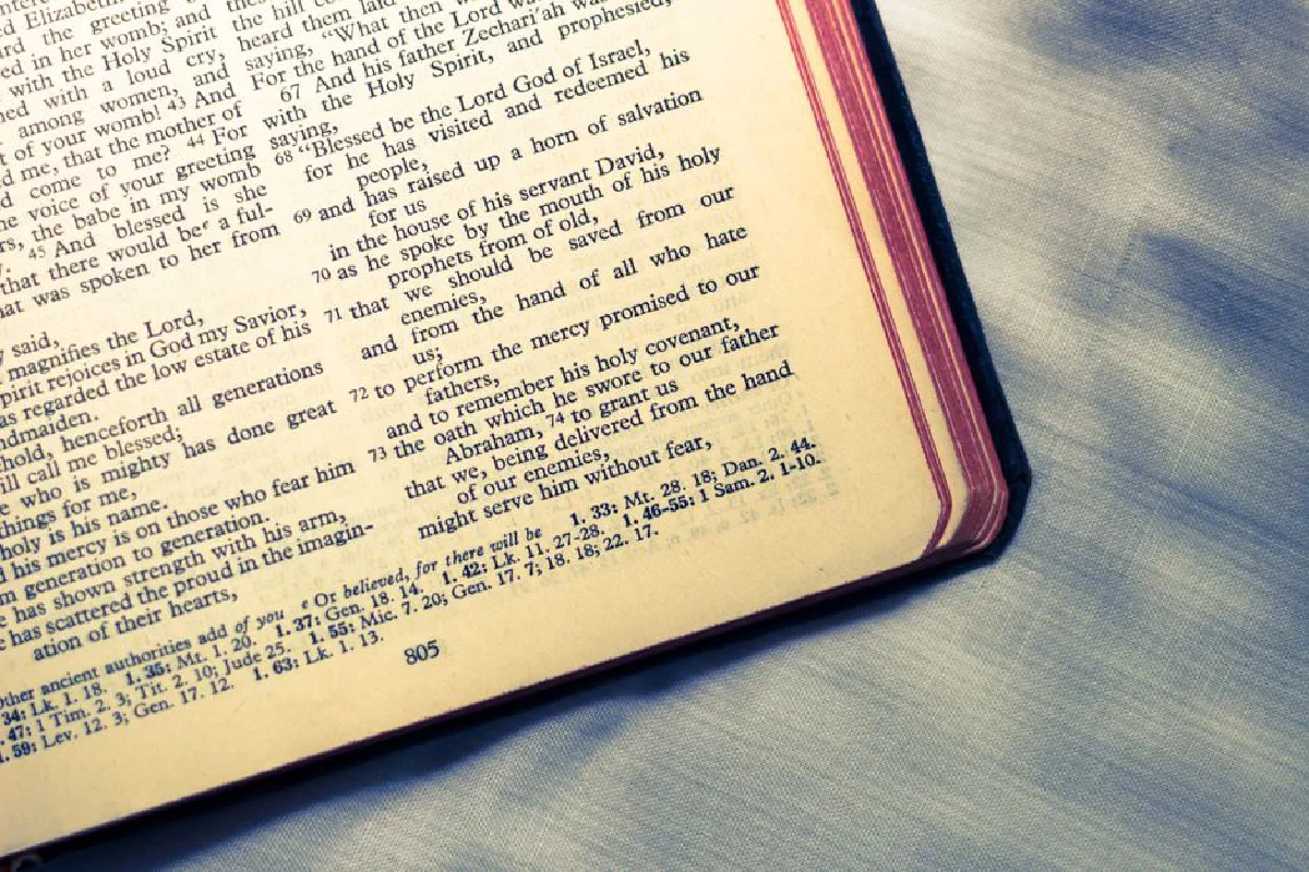 Detailed close-up of an open Bible highlighting scriptures on a soft cloth background.